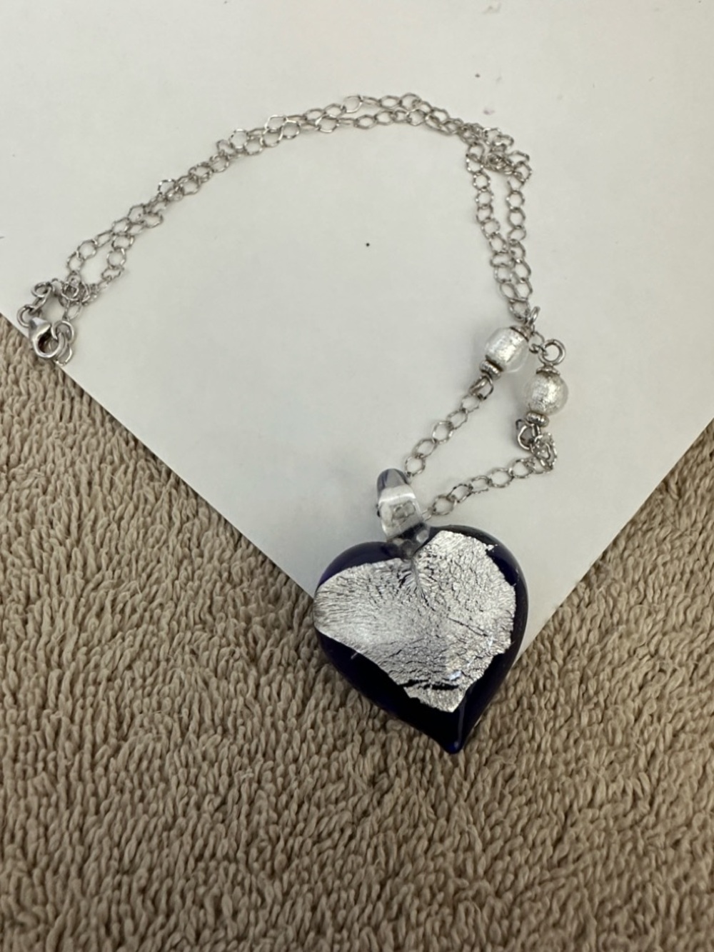 Milros Blue Murano Glass Foil Heart Pendant Necklace 14K White Gold Chain